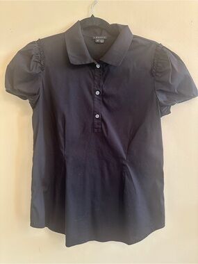 Theory Black Puff Sleeve Polo Blouse Size M